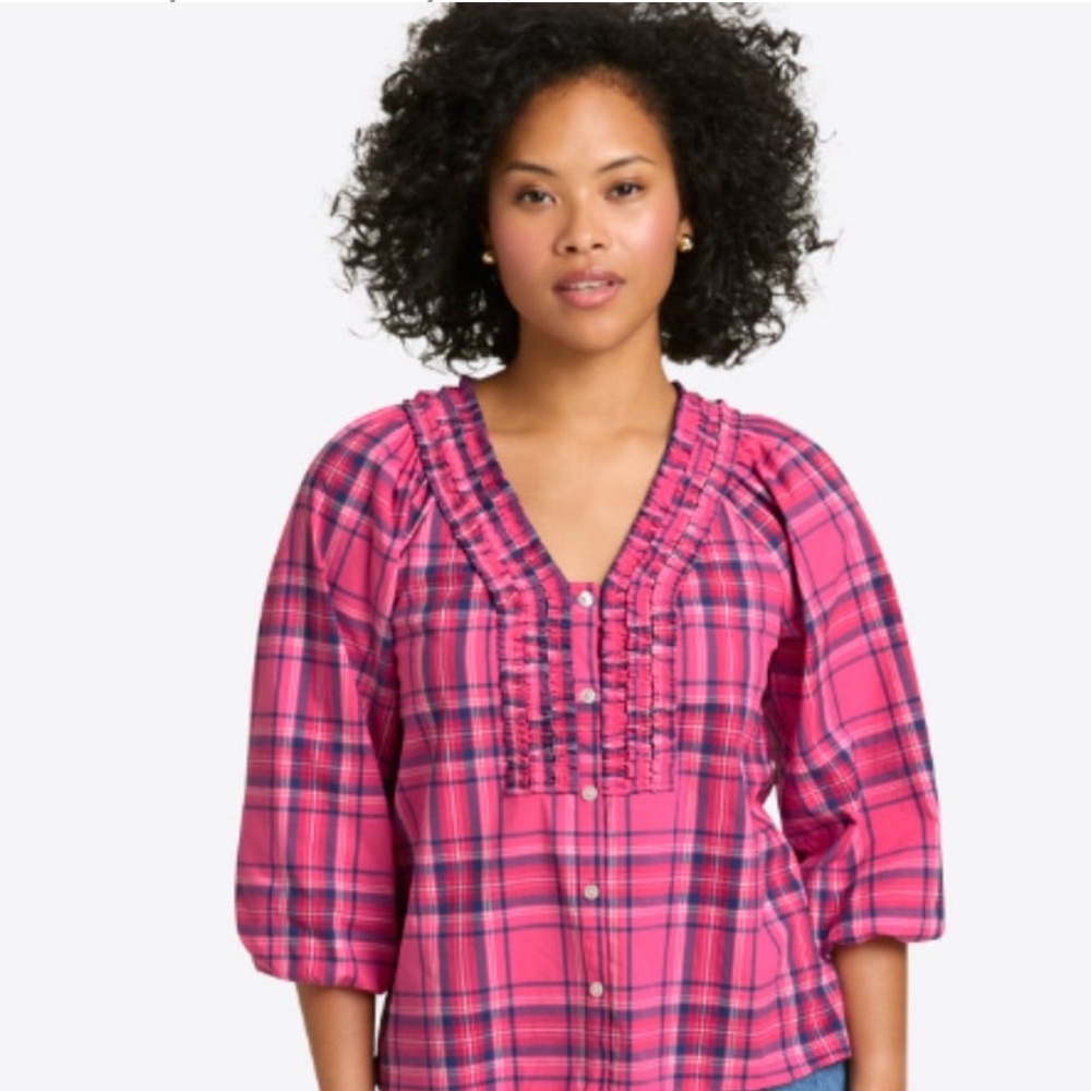 Draper James Aubrey Pink Puff Sleeve Ruffled Blouse